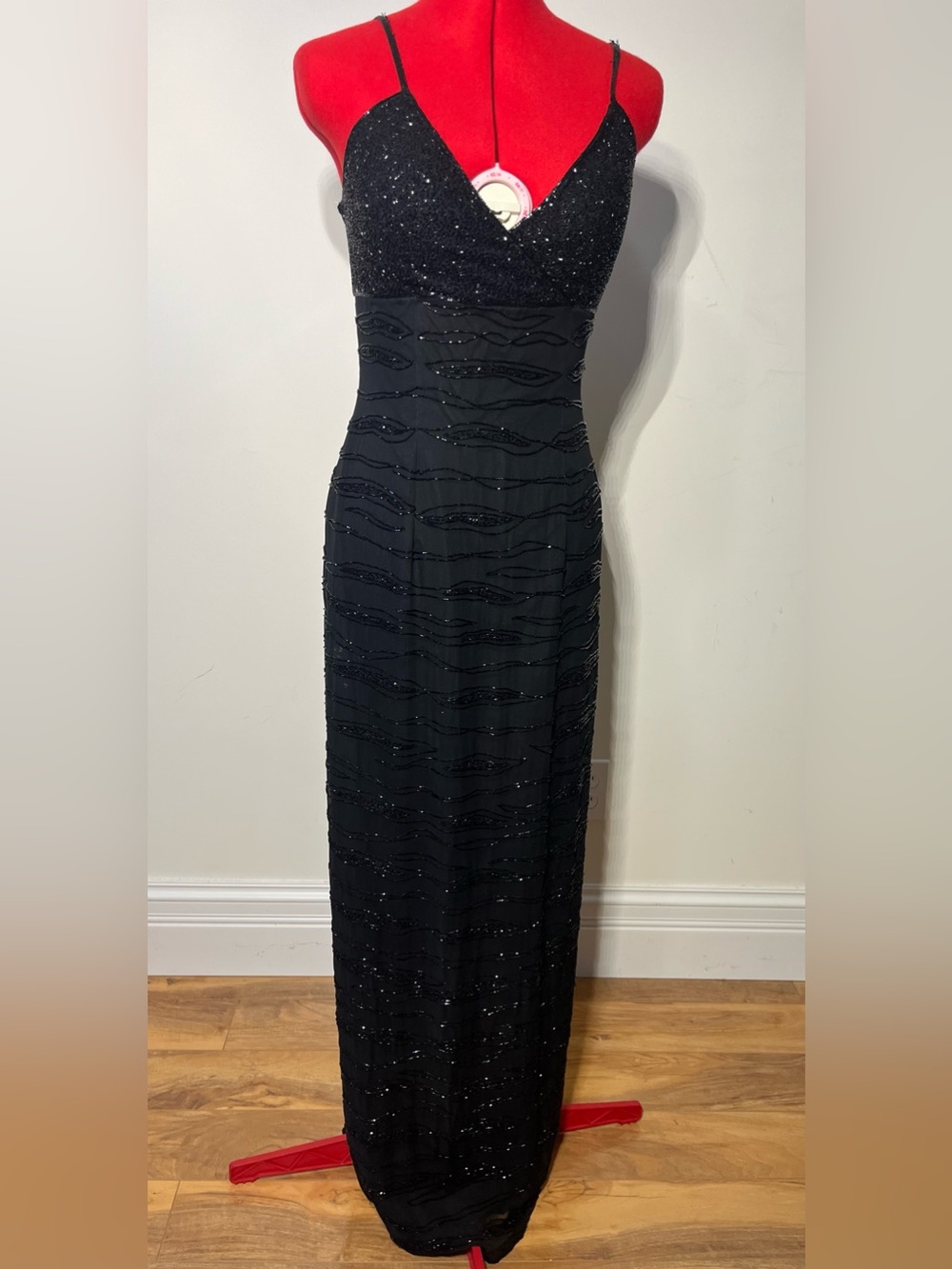 Vintage Sean Collection Black Silk Beaded Spaghetti-Strap Evening Gown M